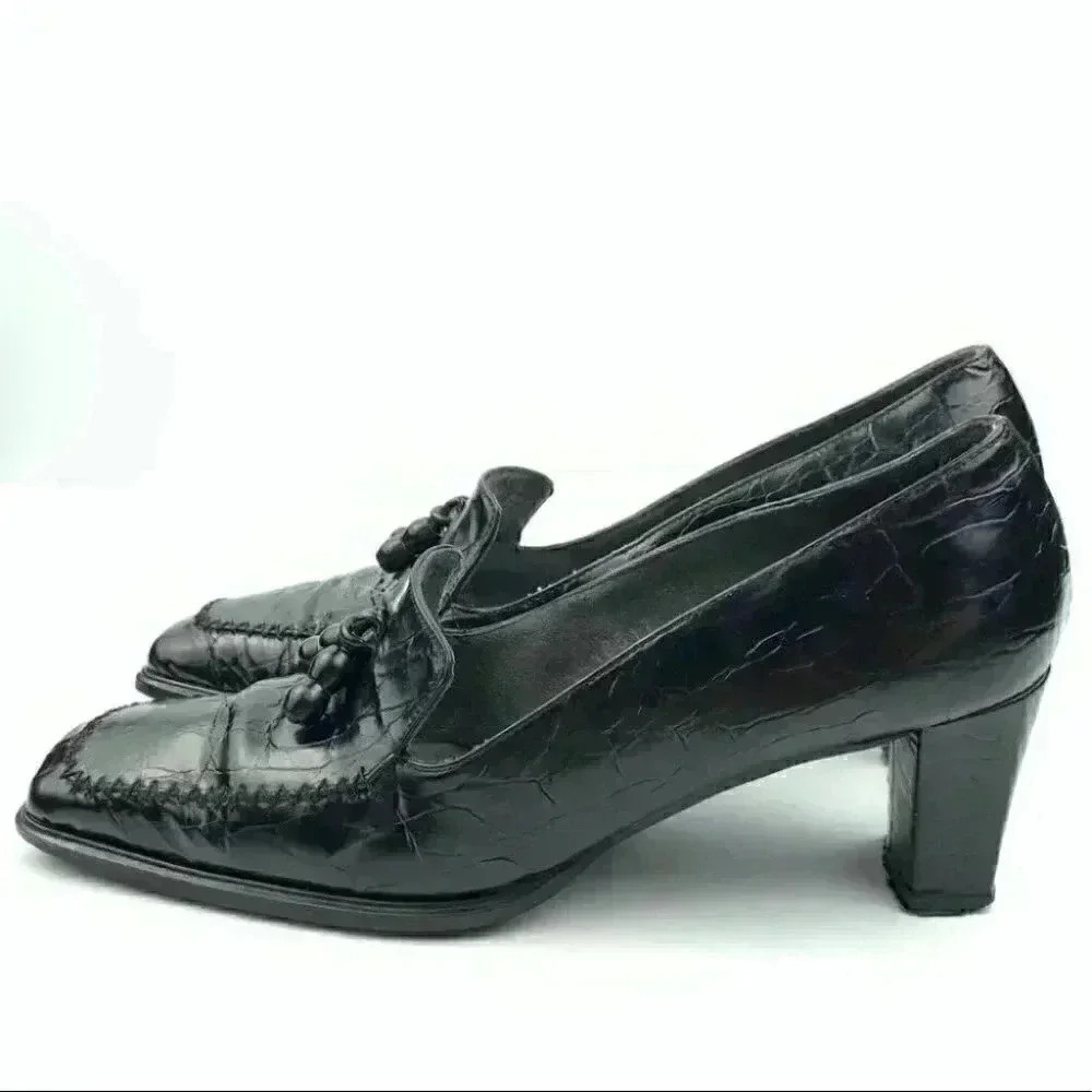 Stuart Weitzman heel 7 AA black leather square toe - Picture 5 of 13